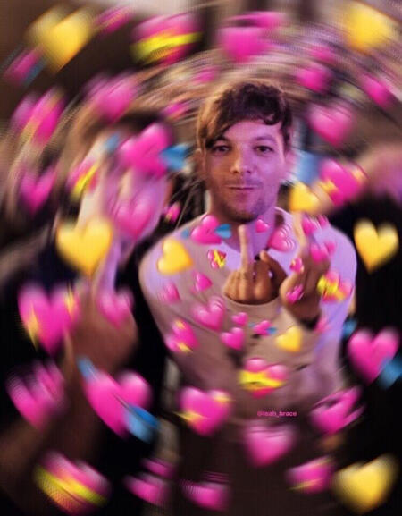 louis tomlinson lovingly flipping the camera off, with lots of hearts emojis around him